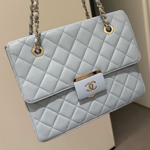 【近新閒置品】Chanel 香奈兒22開baby藍牛皮beauty lock低飽和霧霾灰藍色琺瑯扣托特包鏈條包