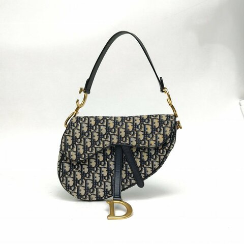 Dior迪奥SADDLE马鞍中号无肩带墨蓝色帆布金扣印花肩背包