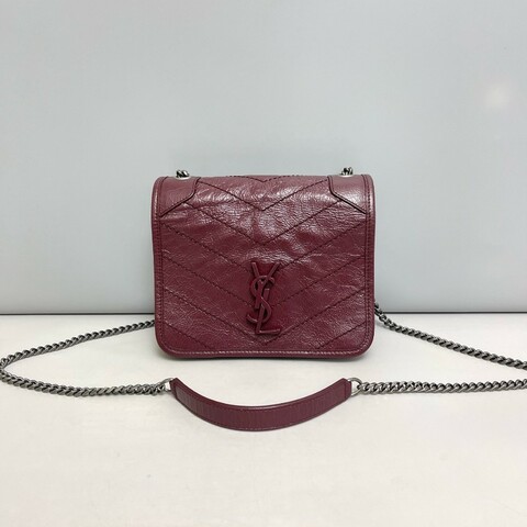 YSL Niki迷你酒紅色全皮郵差包斜背包肩背包