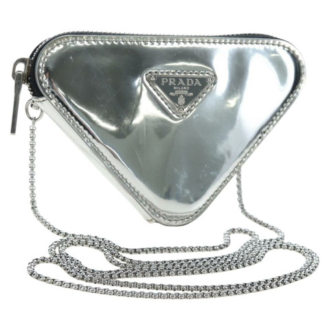 PRADA 鏈條單肩包 漆皮 銀色 正品 196592M