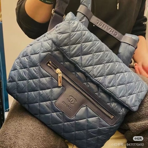 Chanel 菱格紋中古後背包 藍色 尼龍 37*28*9 9新 配件塵袋