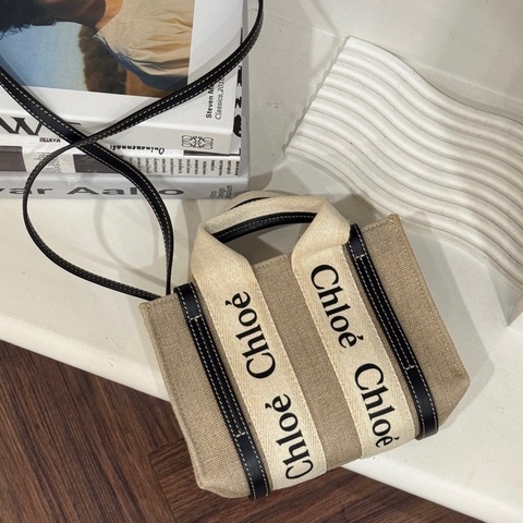 CHLOE 帆布黑邊WOODY MINI包