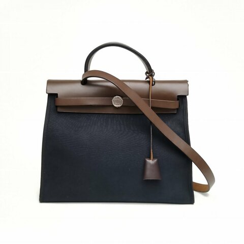 Hermes爱马仕 Herbag31乌木色帆布/牛皮框R银扣肩背包