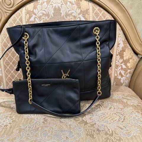 YSL 黑小羊皮霧金釦Jamie束口肩背包
