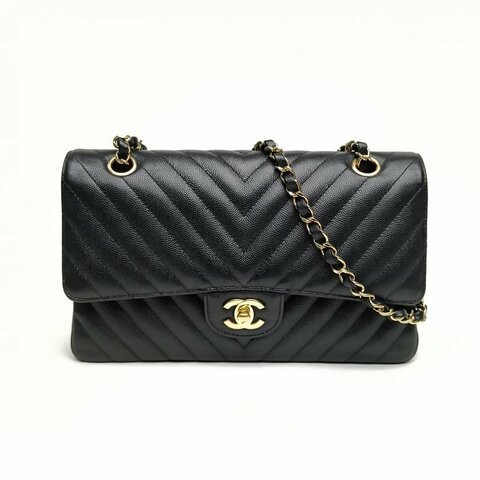 Chanel香奈儿 CF口盖包中号黑色荔枝牛皮革26开金扣V纹肩背包