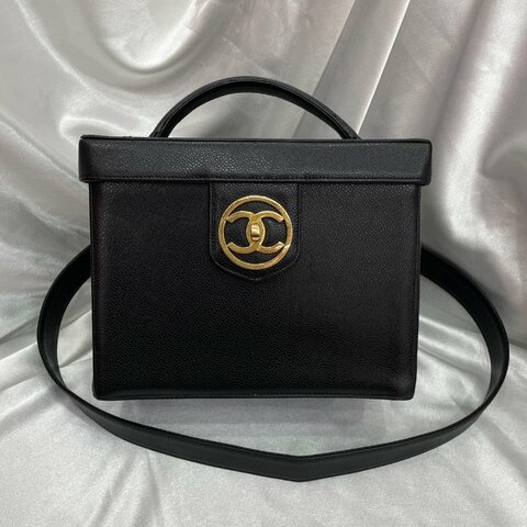 【絕版】香奈兒 Chanel 黑金大Logo 手提化妝箱子包 黑色 魚子醬牛皮 金扣
