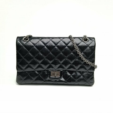 Chanel香奈儿 2.55口盖包大号黑色漆皮14开银扣肩背包