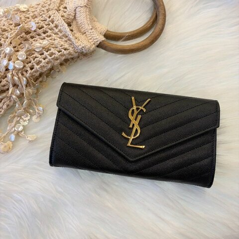 YSL 金扣金字LOGO釦式長夾 黑色