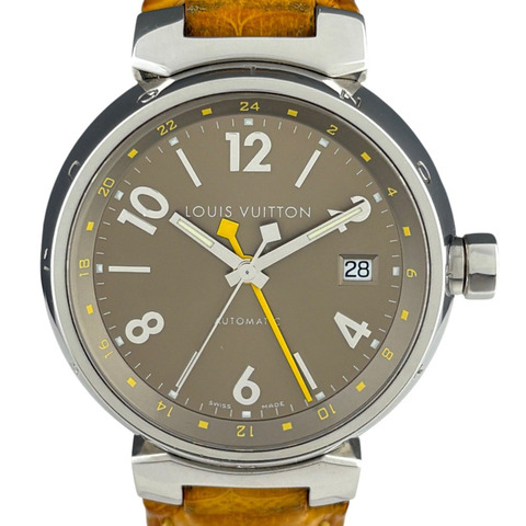 路易威登 Tambour GMT Q1132 男士腕錶，不鏽鋼錶殼，皮革錶帶，自動機械錶，棕色