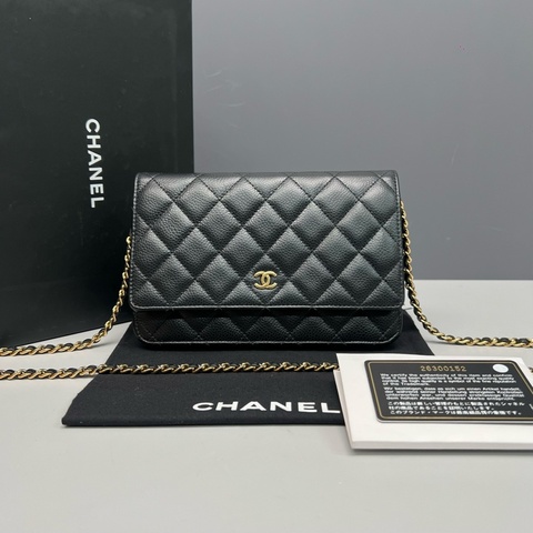 Chanel香奈兒 黑金全皮發財woc鏈條包