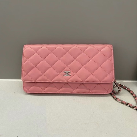 「JL精品代購」95新 Chanel 香奈兒胭脂粉羊皮woc按扣鏈條包