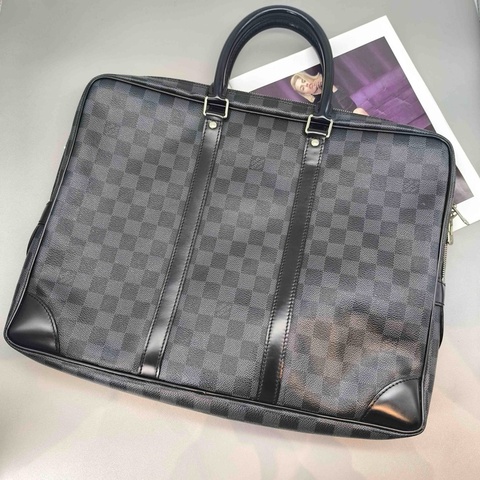 LV易威登VOYAGE 通勤棋盤格 帆布拼牛皮革飾邊 手提單肩斜挎包公文包 大號