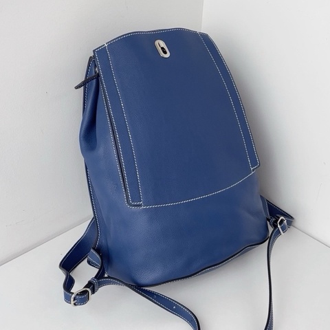 【近新閒置品】Hermes 愛馬仕 GR24 深藍色走白線 銀扣雙肩包D刻