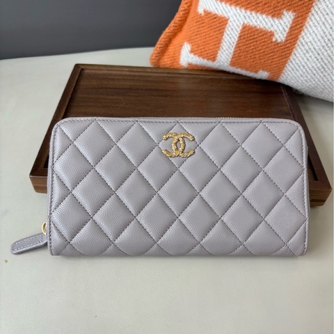 【近新閒置品】香奈兒 Chanel 26P新款淺灰荔枝紋牛皮拉鍊長款錢包長夾 芯片款 水鑽雙C扣