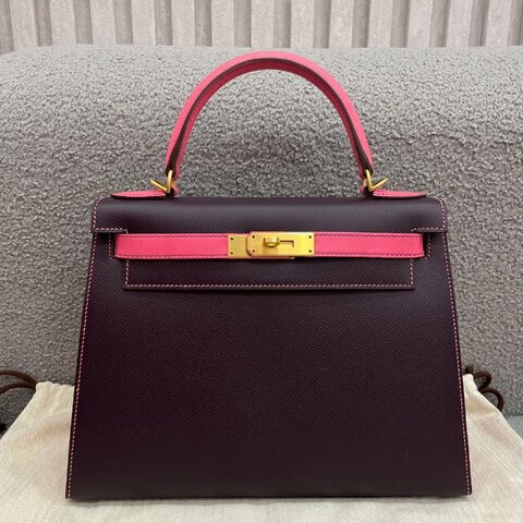 【稀有拼色】愛馬仕 Hermès Kelly 28 凱莉 N5葡萄紫拼8W唇膏粉 Epsom皮 拉絲金扣｜A刻