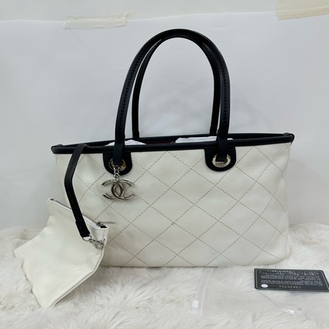 Chanel香奈兒菱格紋子母托特tote單肩包購物袋 白色雙C logo 19開
