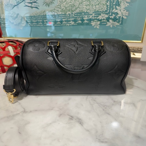 LV 黑牛皮壓紋Speedy Bandouliere25金釦手提肩斜背波士頓包M58951