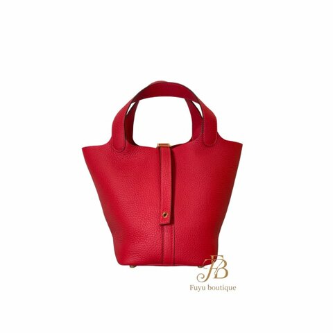 【H0018】HERMES 心紅色 TC牛皮 Picotin lock 18 金釦菜籃子手提包
