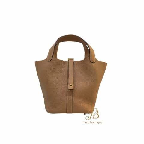 【H0017】HERMES 卡其棕色 TC 牛皮 Picotin lock 18 金釦菜籃子手提包