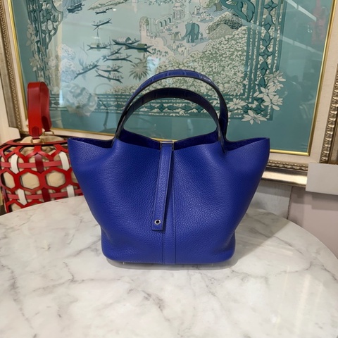 Hermes 閃電藍拚鱷魚皮Picotin22銀釦手提包H073583CKAA