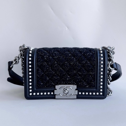 【近新閒置品】Chanel香奈兒珍珠毛呢拼牛皮 黑銀leboy小號單肩斜背包鏈條包26開