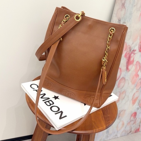 【近新閒置品】Chanel香奈兒 Triple‑CC Caviar Tote4開焦糖色荔枝牛皮金扣奶粉包琴譜斜背水桶包