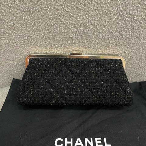 【全新】香奈兒 Chanel 蛙口夾子手拿包 菱格呢絨晚宴包 黑色 淡金扣