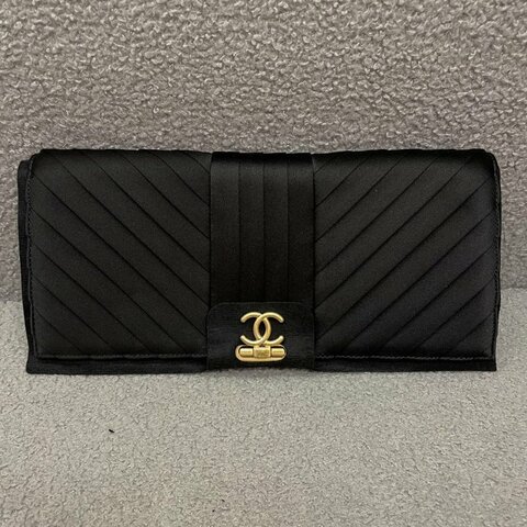 香奈兒 Chanel 緞面手拿包 黑色 緞面 金扣