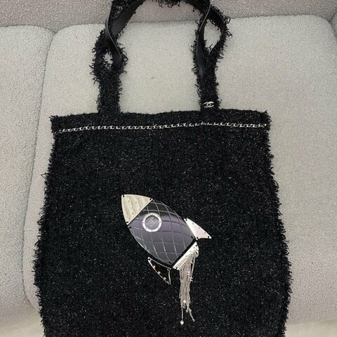 香奈兒 Chanel 火箭 Tote 托特包 黑色 粗花呢 銀扣