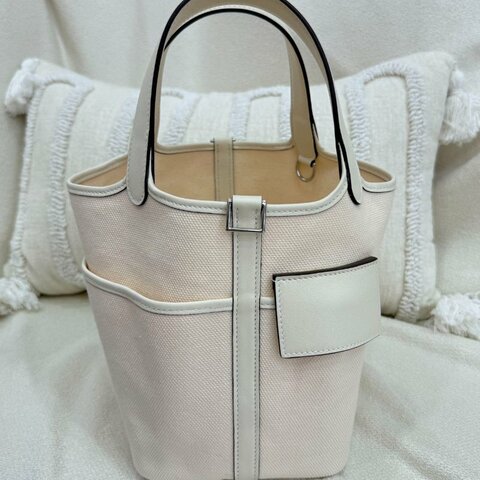 【經典奶油白】愛馬仕 Hermès Picotin 18 Cargo 菜籃子 奶油白 皮革拼帆布 銀扣｜Z刻 98新
