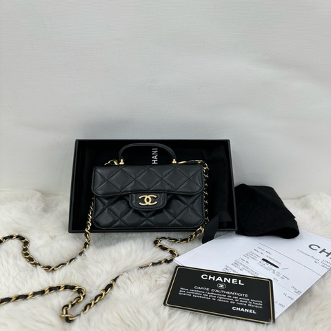 Chanel香奈兒 黑金mini手柄小盒子鏈條包  鐳射30開有卡 有購證