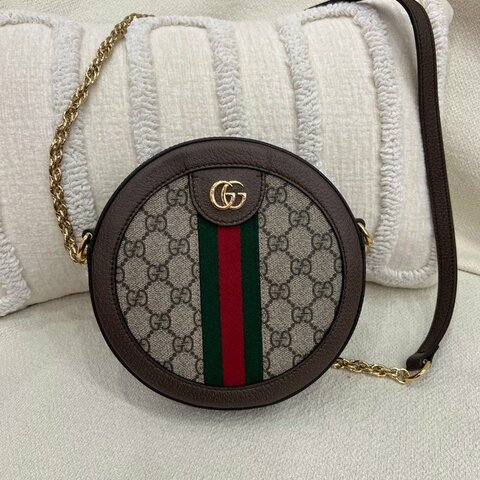 古馳 Gucci 圓餅鏈條斜挎包 老花 皮革 金扣