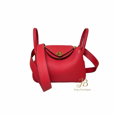 【H0022】HERMES 朱砂紅5E TC 牛皮 Mini Lindy 金釦二用包