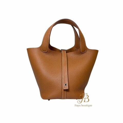 【H0025】HERMES 金棕色 TC 牛皮 Picotin lock 18 銀釦菜籃子手提包