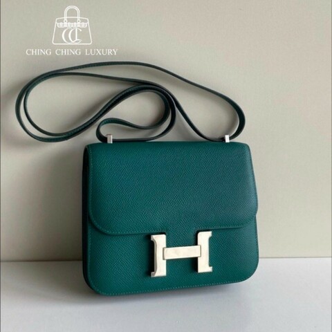 🌈Hermes💚Mini constance 19💚U4絲绒綠色銀扣🌈98新🌟Epsom皮🌟送貼膜💚Constance🌟constance19🌟miniconstance🌟愛馬仕🌟