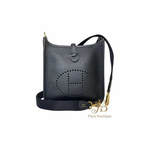 【H0030】HERMES 黑色TC牛皮 mini Evelyne 金釦斜背包 16CM