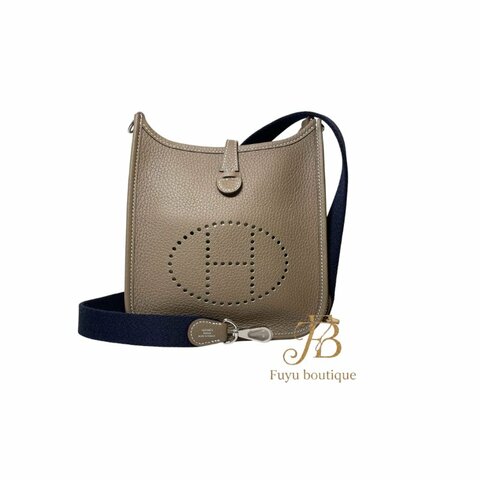 【H0031】HERMES 大象灰色TC牛皮 mini Evelyne 銀釦斜背包 16CM