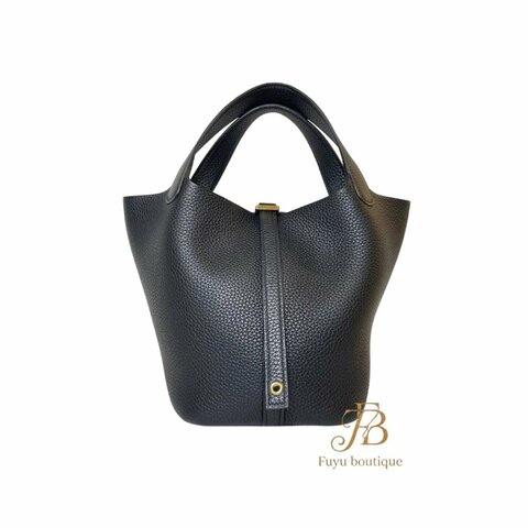 【H0040】HERMES 黑色 TC 牛皮 Picotin lock 18 金釦菜籃子手提包