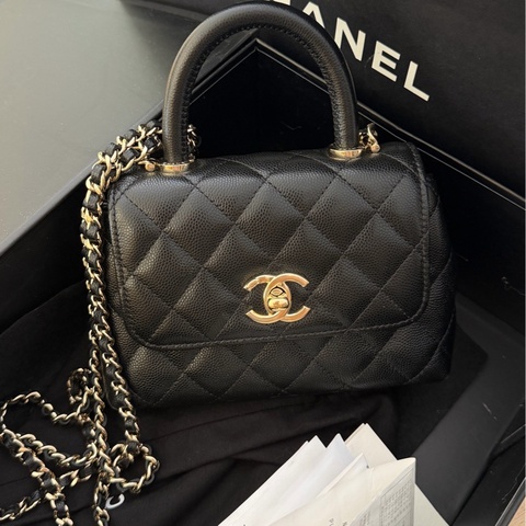 Chanel 黑金 經典菱格紋 帶手柄+鏈條