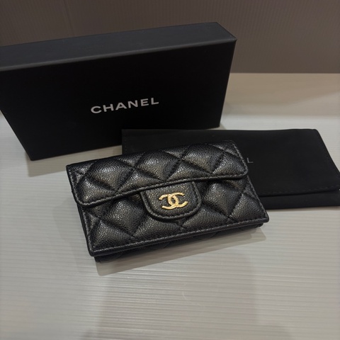 Chanel 黑金荔枝牛皮雙面短夾（晶片）