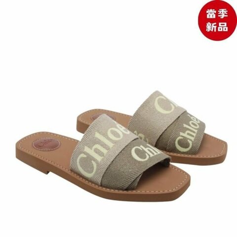 Chloe 女款 Woody Mules 刺繡 Logo 亞麻平底穆勒鞋 草綠色﻿ IT36/37/38/39/