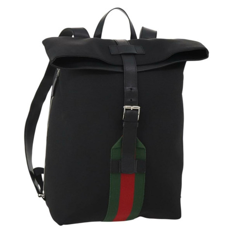 GUCCI Web Sherry Line 雙肩包帆布皮革黑色銀色 337075 Auth hk4063A