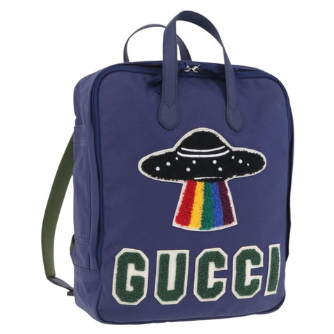 GUCCI RON HERMAN 雙肩包 帆布 海軍藍 銀色 477875 正品 200358M