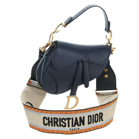 Christian Dior 馬鞍形單肩包 皮革 兩用 海軍藍 金色 正品 203000V