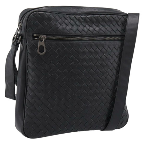 BOTTEGA VENETA INTRECCIATO 皮革肩背包 黑色 銀色 Auth mr2878V