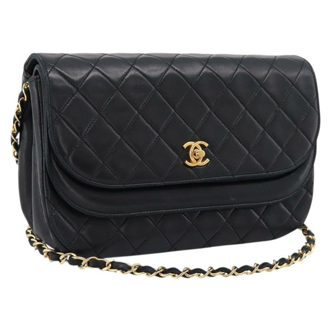 香奈兒 (CHANEL) 絎縫鏈條肩背包，羊皮材質，黑色，金色雙C標誌，貨號 203454V