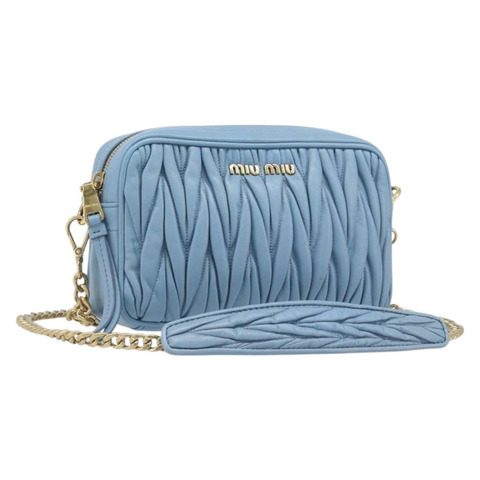 Miu Miu Matelasse 鏈條單肩包 皮革 2way 淺藍 金 Auth BA15627V