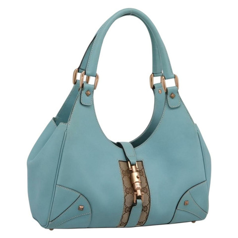 GUCCI 全新 Jackie 手提包，淺藍色金色皮革，貨號 124407，正品編號 203254V
