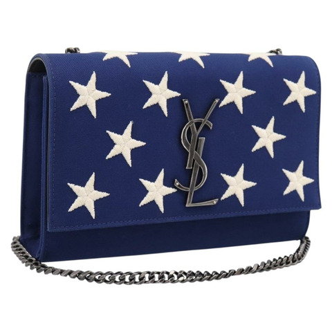 SAINT LAURENT Cassandra 鏈條肩背包 帆布 藍色 銀色 正品 203616M
