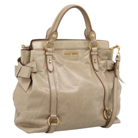 Miu Miu 側邊緞帶手提包 皮革 兩用 米色 金色 RN0939 正品 am12577V
